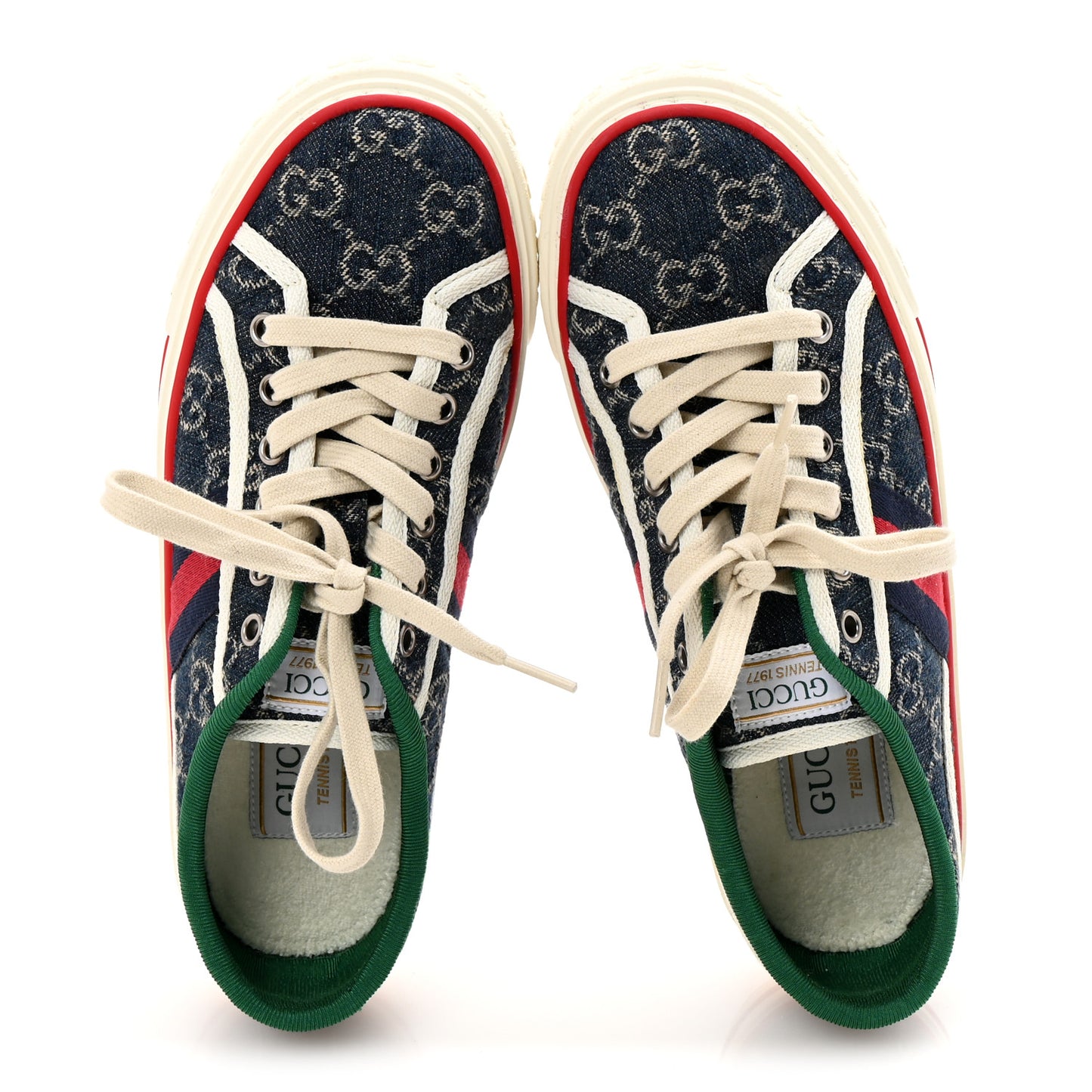 New Denim GG Monogram Web Womens 1977 Tennis Sneakers 37 Blue Tea Mystic White