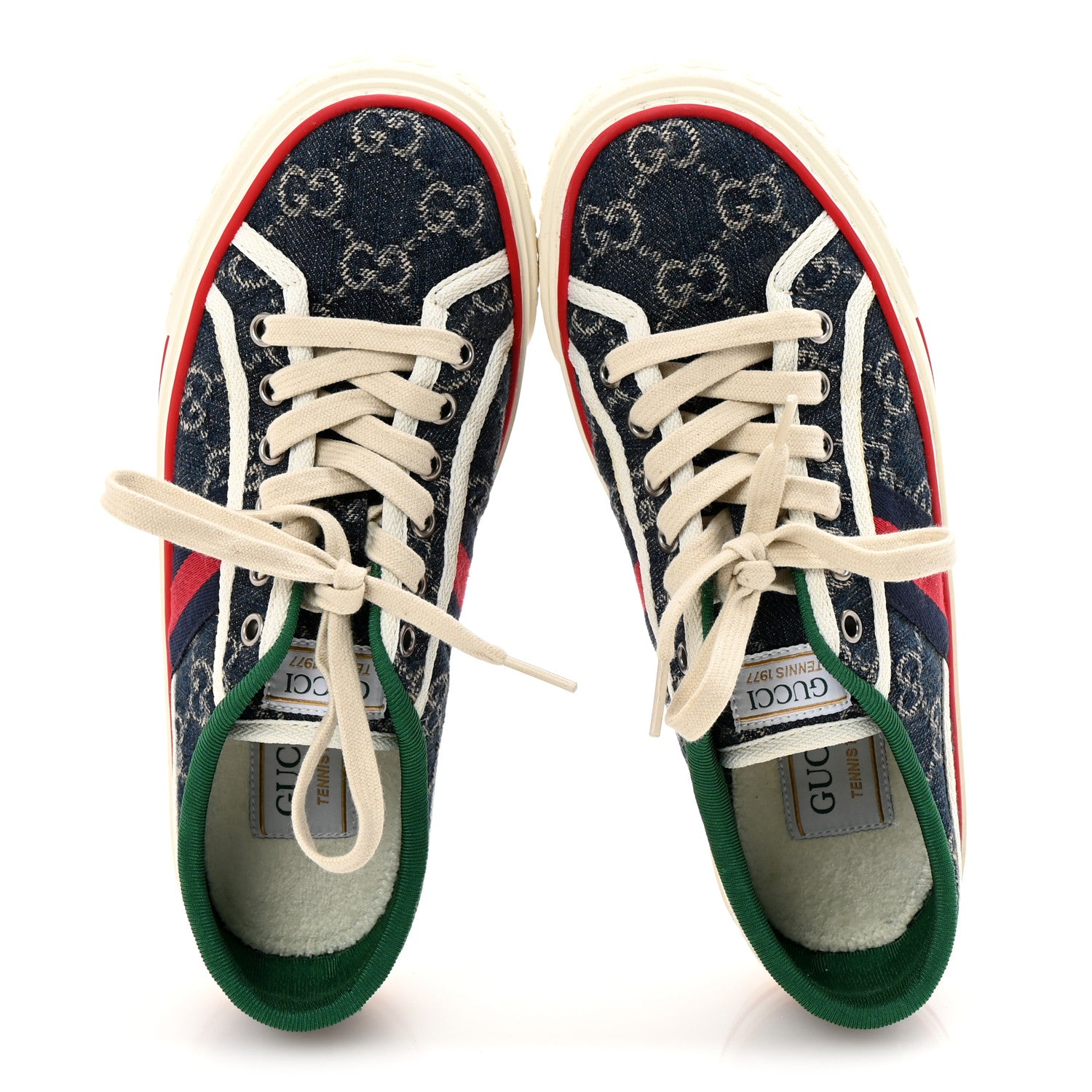 Gucci New Denim GG Monogram Web Womens 1977 Tennis Sneakers 37 Blue Tea Mystic White 2 of 11