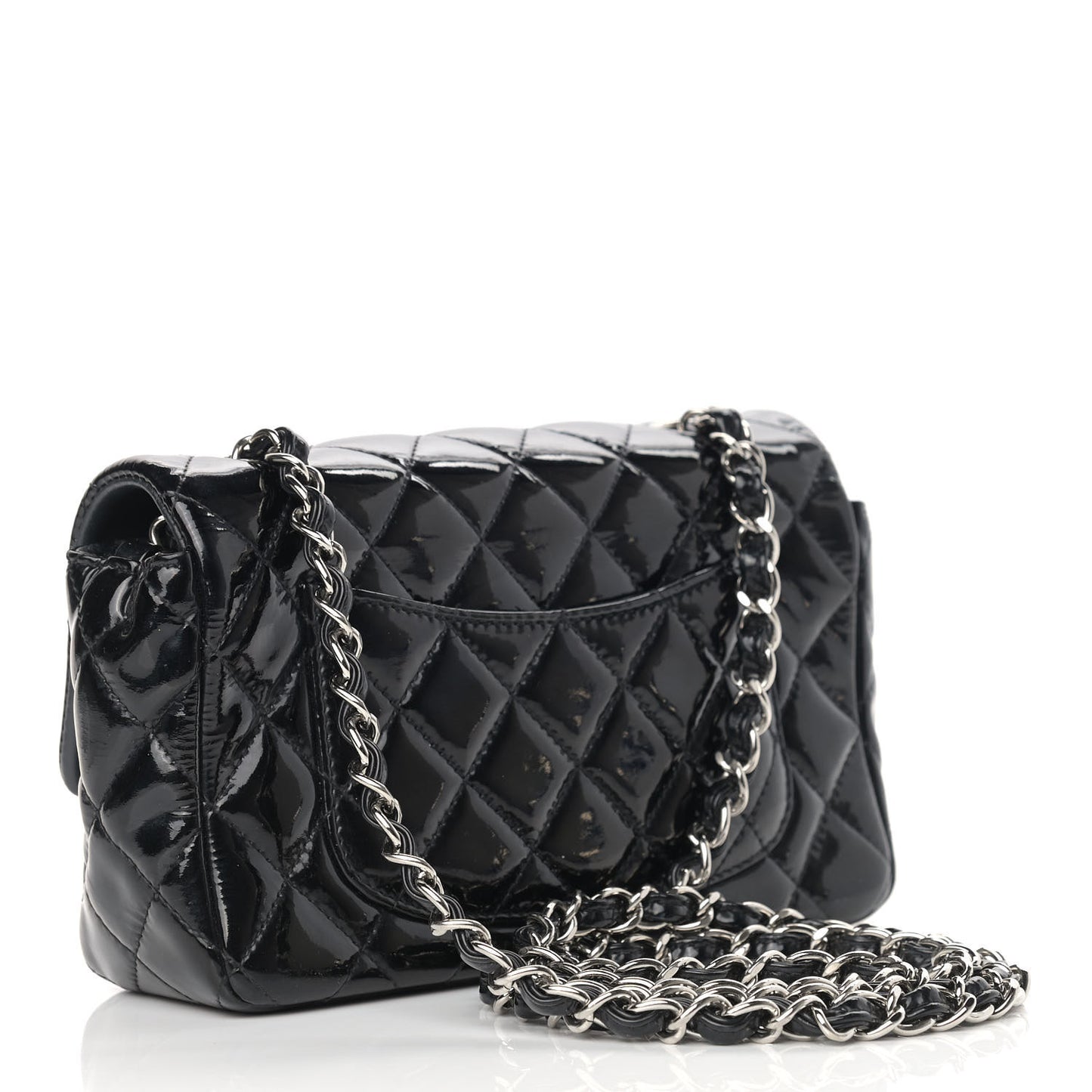 Patent Calfskin Quilted Mini Rectangular Flap Black