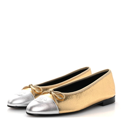 Chanel Metallic Crackled Laminated Calfskin CC Cap Toe Ballerina Flats 37.5 Gold Silver 5 of 11