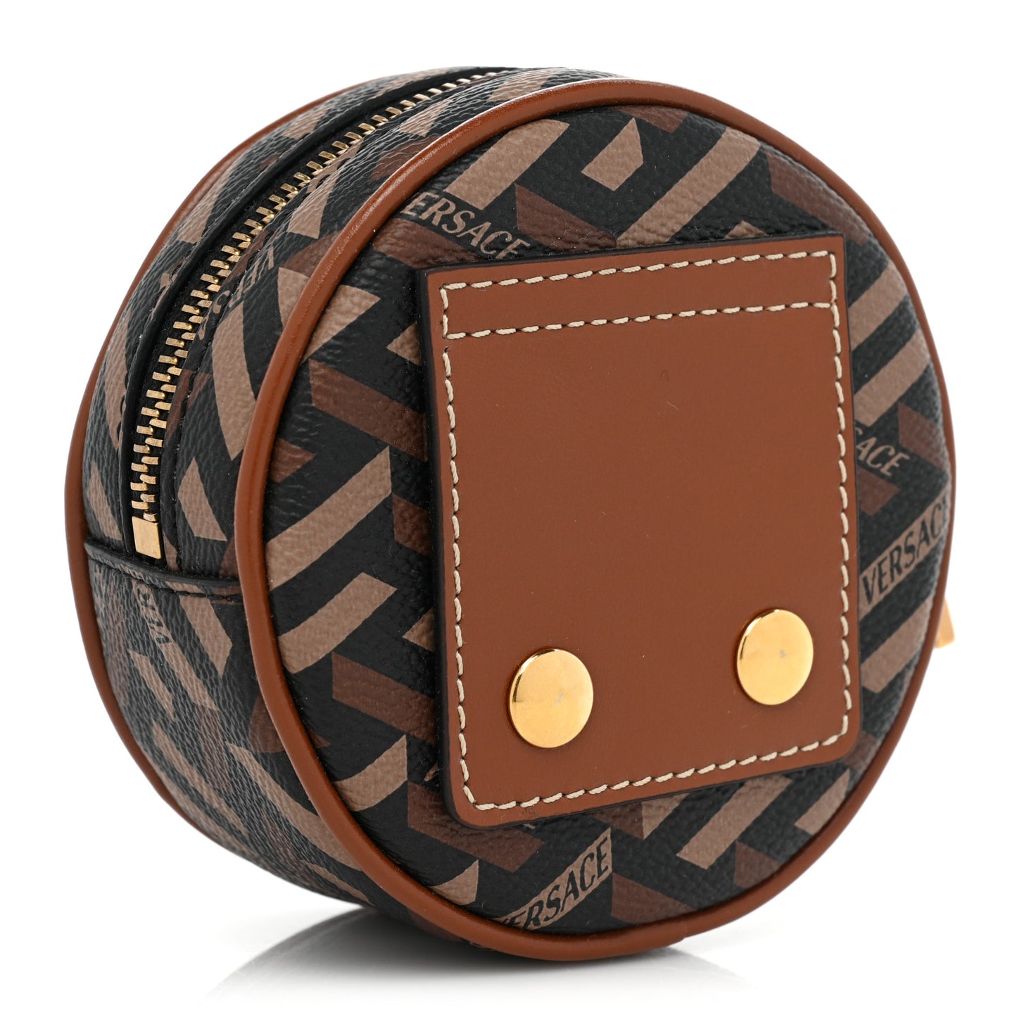 Coated Canvas Calfskin La Greca Round Zip Pouch Black Caramel