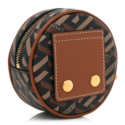 Versace Coated Canvas Calfskin La Greca Round Zip Pouch Black Caramel 3 of 8