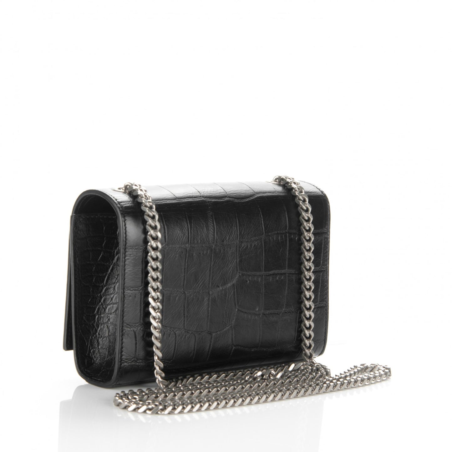 Calfskin Crocodile Embossed Small Classic Monogram Tassel Satchel Black