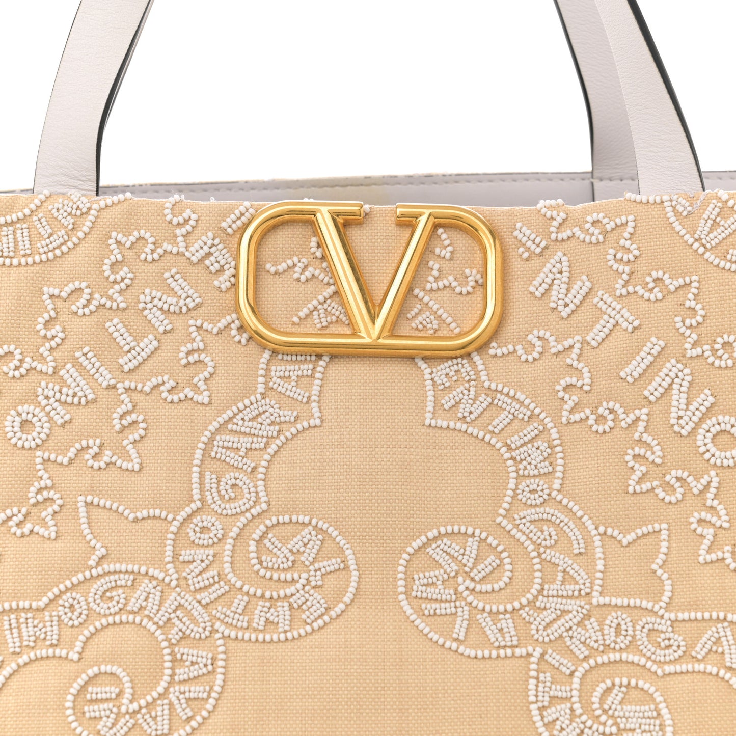 Linen Beaded Embroidered Bandana Print Vlogo Signature Tote Beige White