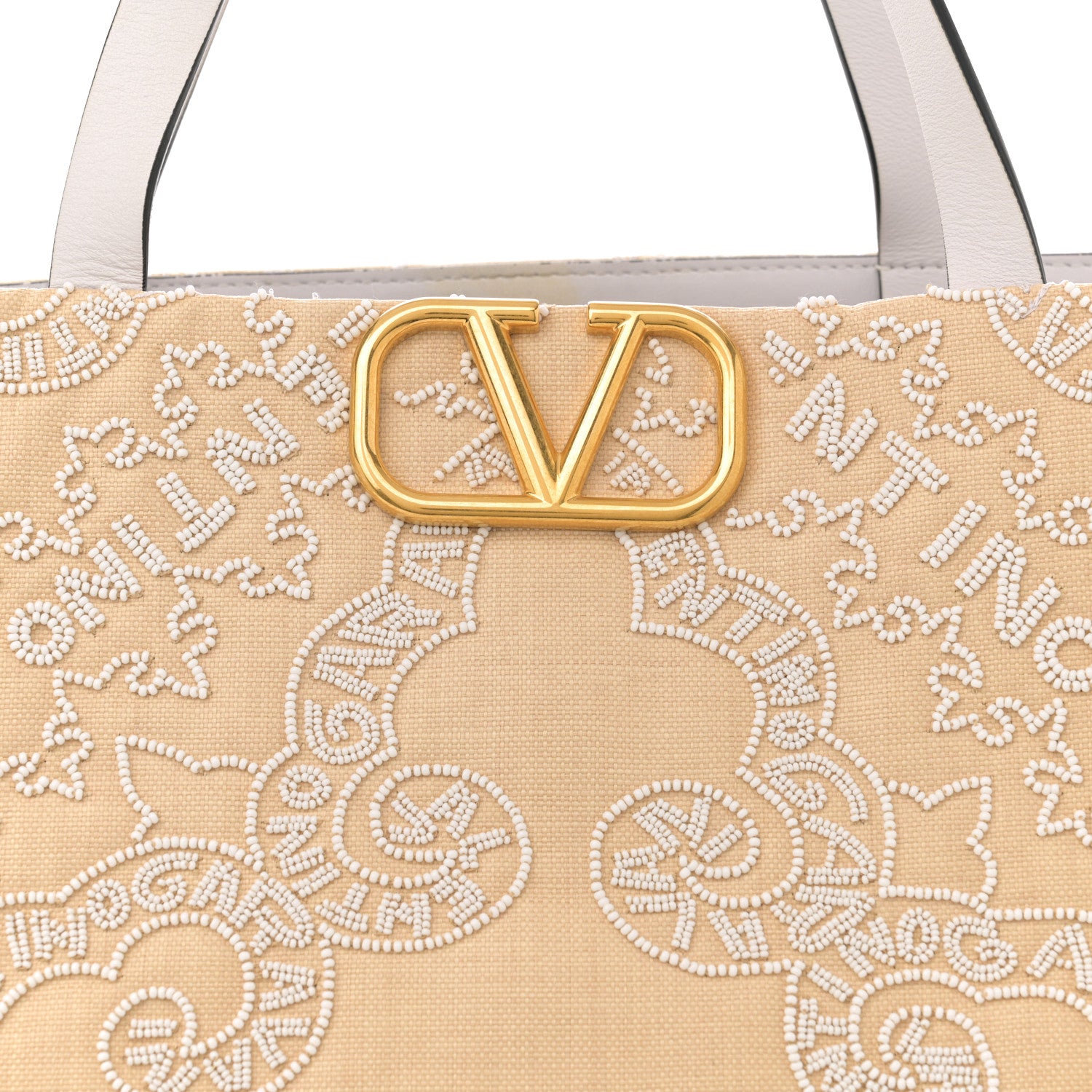 Valentino Garavani Linen Beaded Embroidered Bandana Print Vlogo Signature Tote Beige White 7 of 12