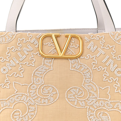 Valentino Garavani Linen Beaded Embroidered Bandana Print Vlogo Signature Tote Beige White 7 of 12