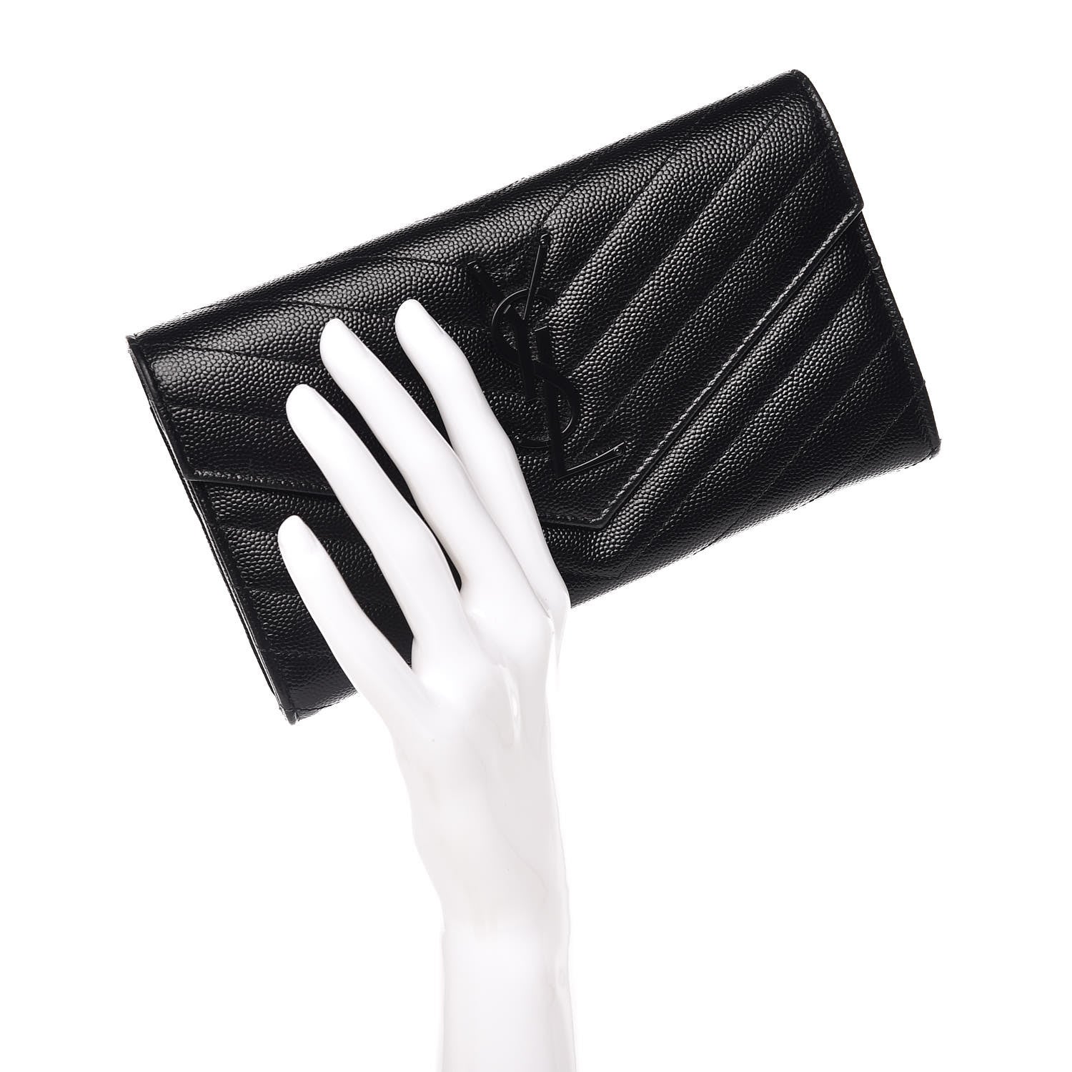 Saint Laurent Grain De Poudre Matelasse Chevron Monogram Flap Wallet Black 2 of 9