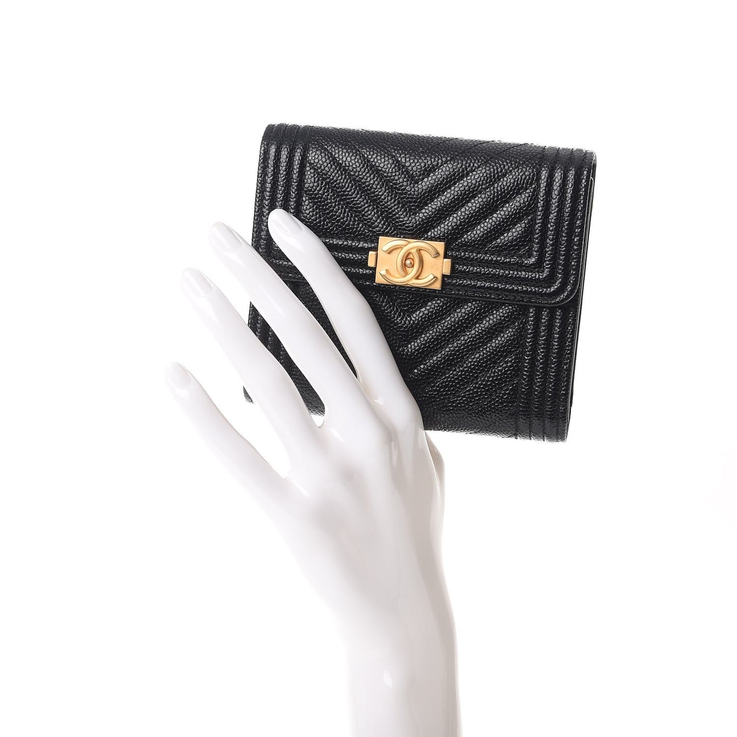 Caviar Chevron Quilted Boy Compact Wallet Black