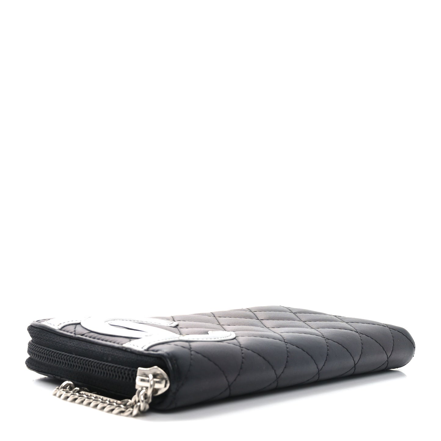 Calfskin Quilted Cambon Large Gusset Zip Around Wallet Black Silver
