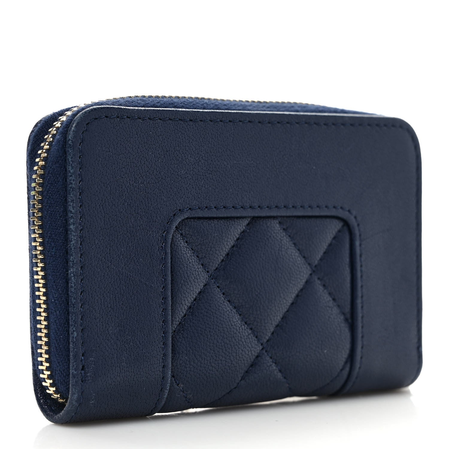 Chanel Sheepskin Quilted Vintage Mademoiselle Zip Coin Purse Navy Blue 3 of 8