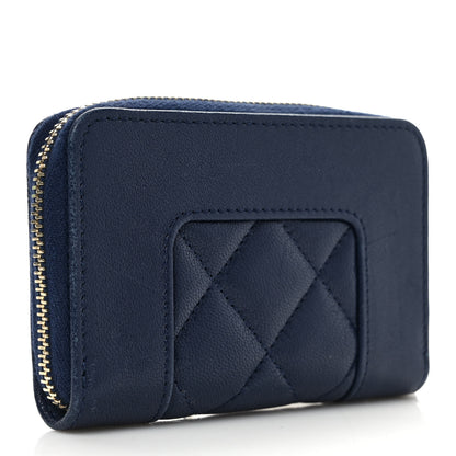 Chanel Sheepskin Quilted Vintage Mademoiselle Zip Coin Purse Navy Blue 3 of 8