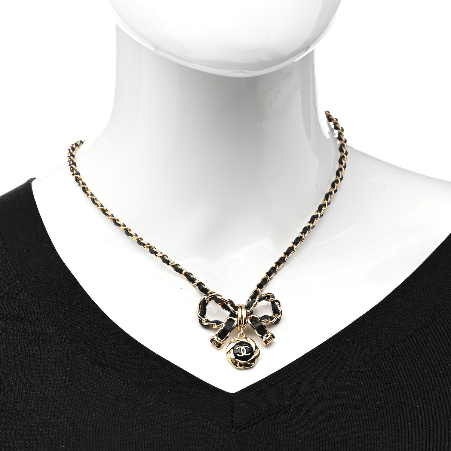 Chanel Metal Lambskin Chain CC Bow Necklace Black Gold 2 of 6