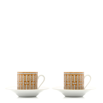 Hermes Porcelain Mosaique Au 24 Gold Coffee Cup and Saucer Set of 2 1 of 9