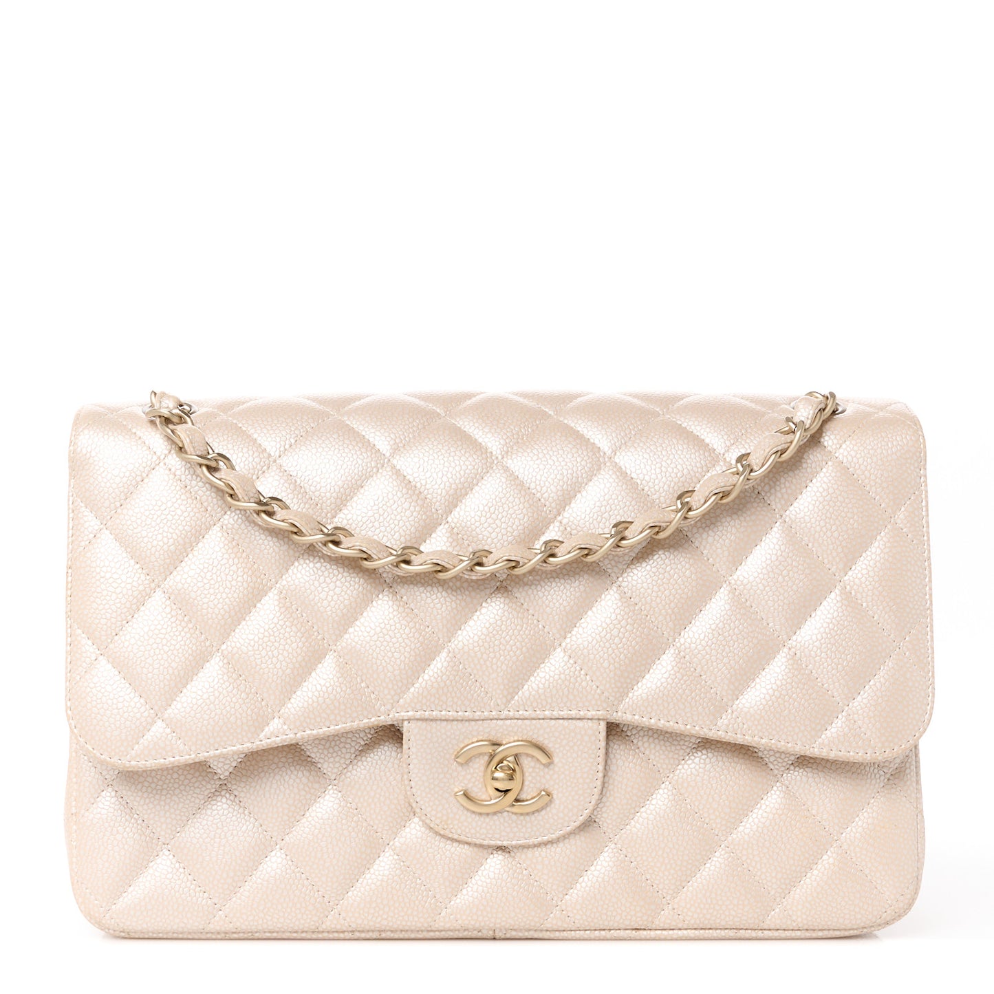 Iridescent Caviar Quilted Jumbo Double Flap Beige