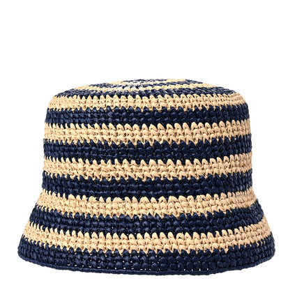 Prada Raffia Striped Logo Embroidered Womens Bucket Hat M Naturale Baltico 5 of 7