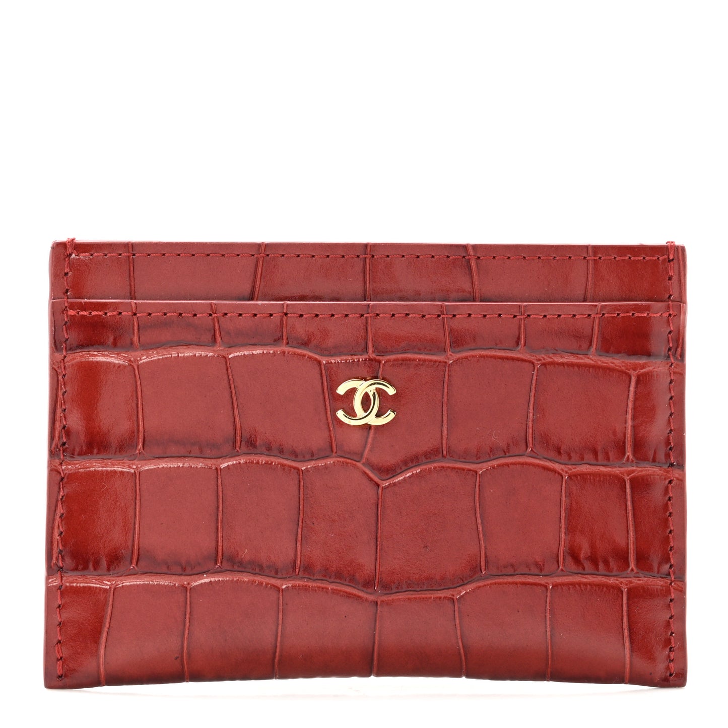 Calfskin Crocodile Embossed Crococo Card Holder Burgundy