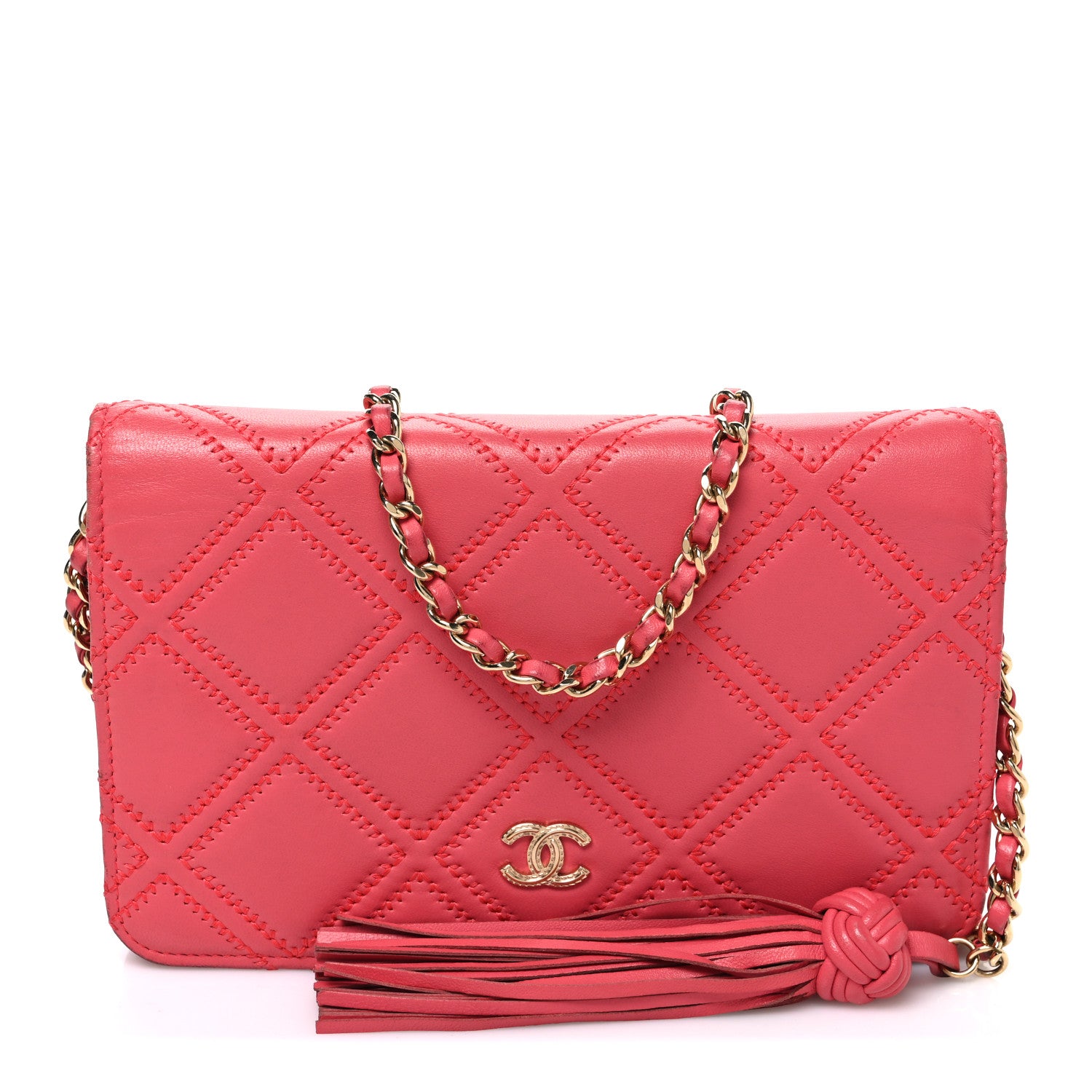 Chanel Lambskin Quilted Double Stitch Tassel Wallet On Chain WOC Pink 1 of 11