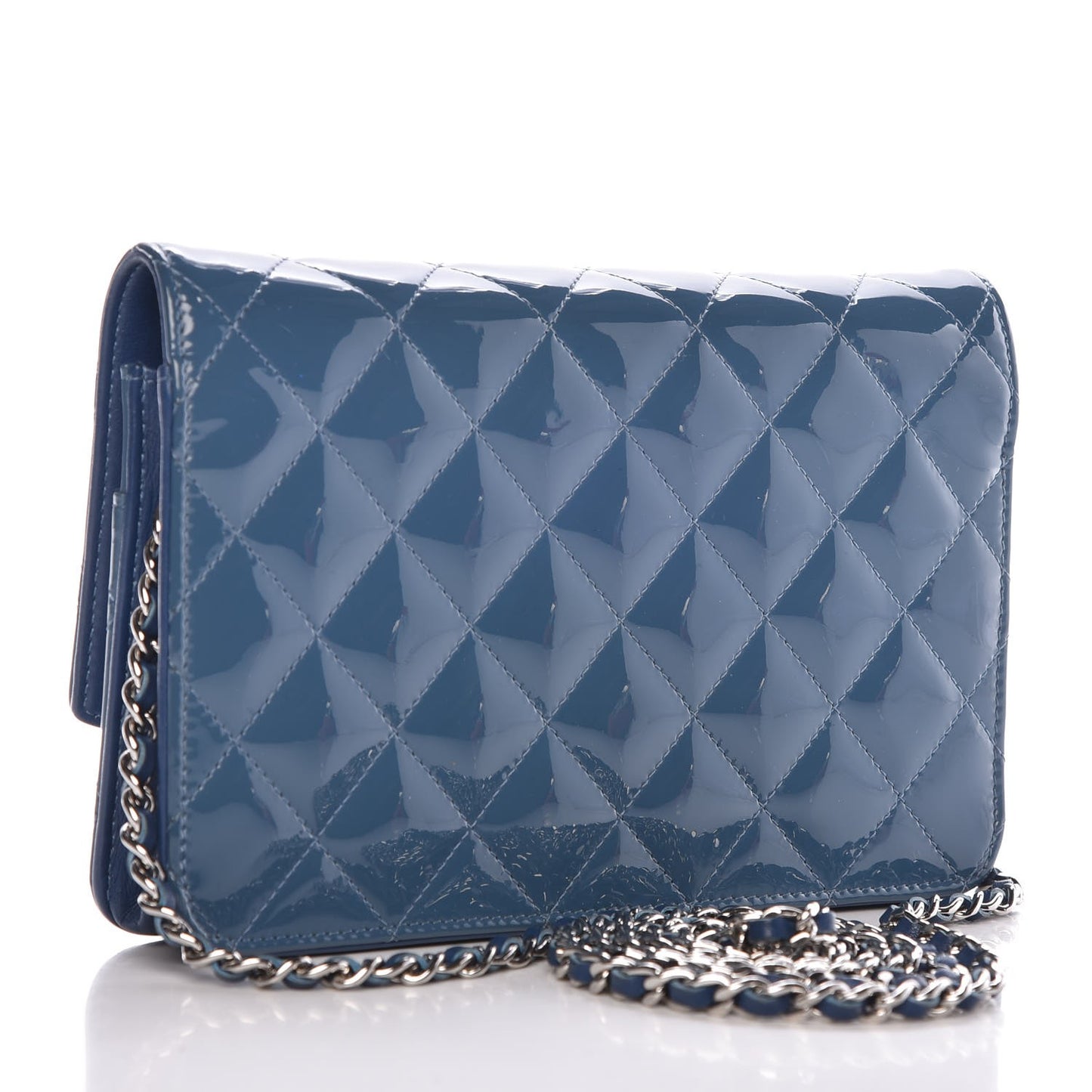 Patent Quilted Brilliant Wallet On Chain WOC Blue