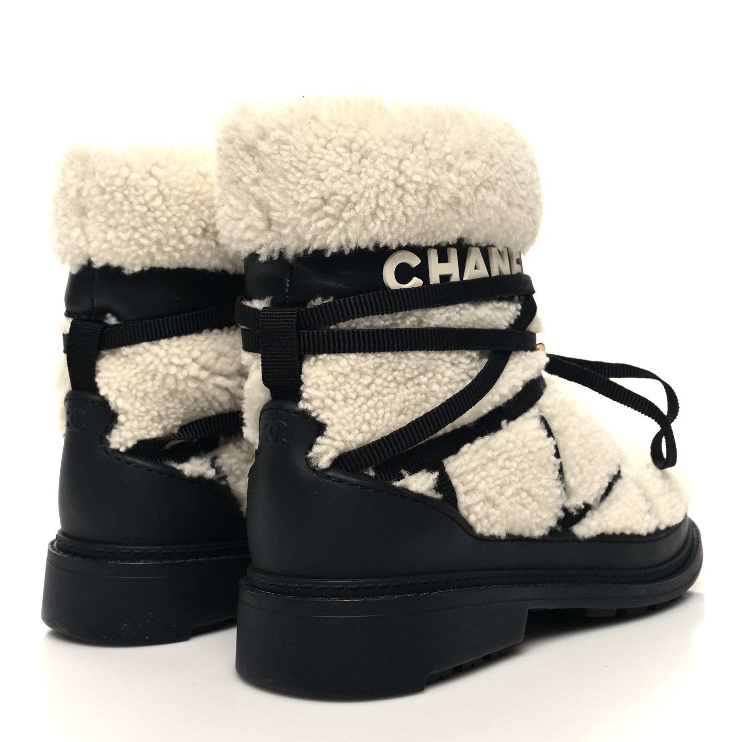 Chanel Shearling Nylon Grosgrain CC Ankle Snow Boots 40 Black 4 of 8