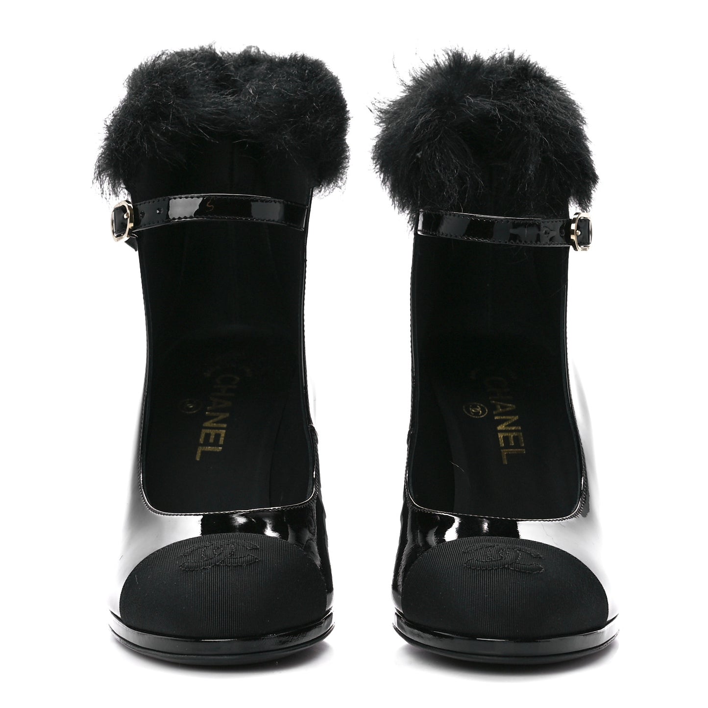Patent Shearling Lambskin Cap Toe Mary Jane Pumps 38.5 Black