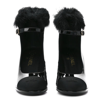Chanel Patent Shearling Lambskin Cap Toe Mary Jane Pumps 38.5 Black 2 of 9