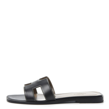 Hermes Box Calfskin Oran Sandals 36.5 Black 1 of 8
