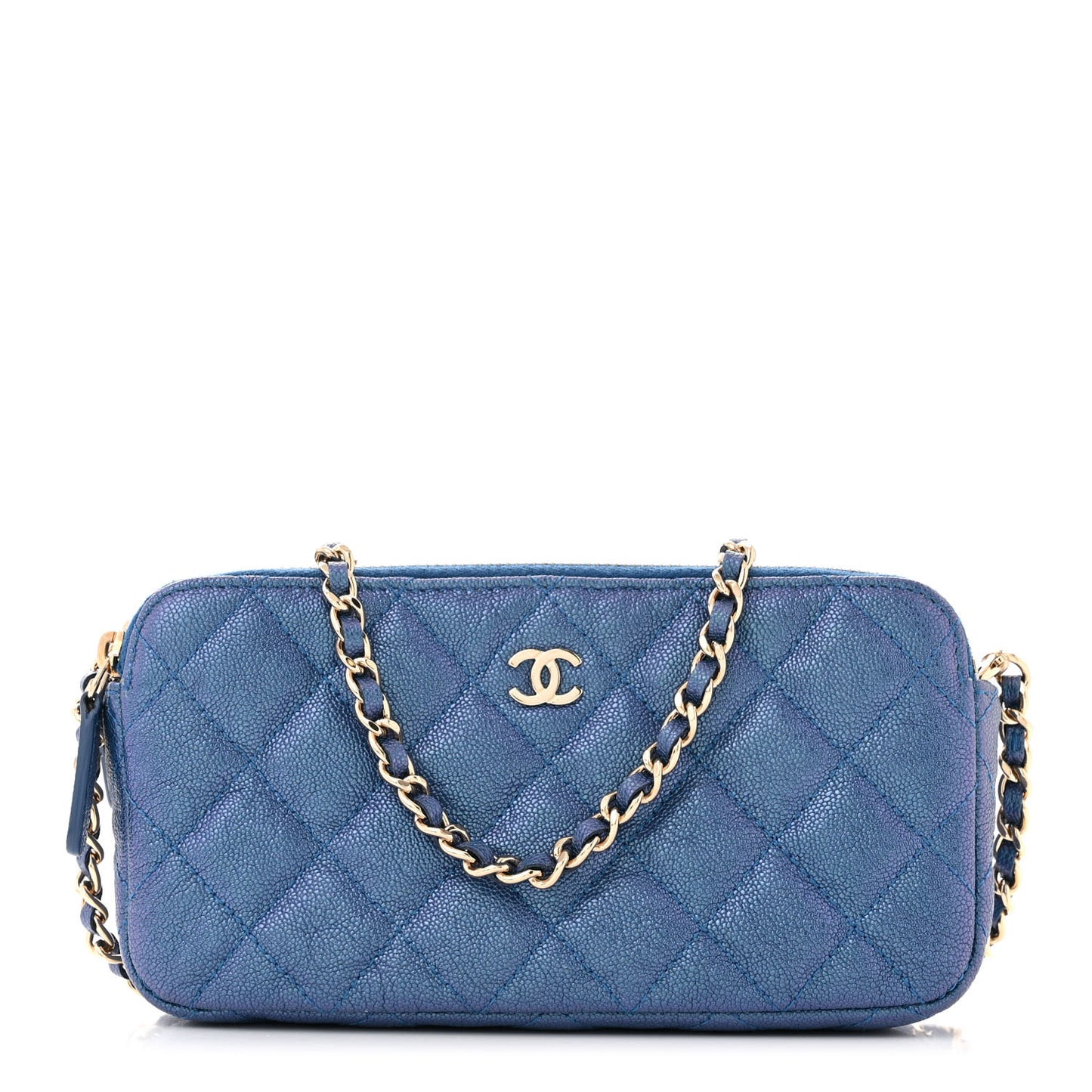 Iridescent Caviar Quilted Clutch With Chain Dark Blue