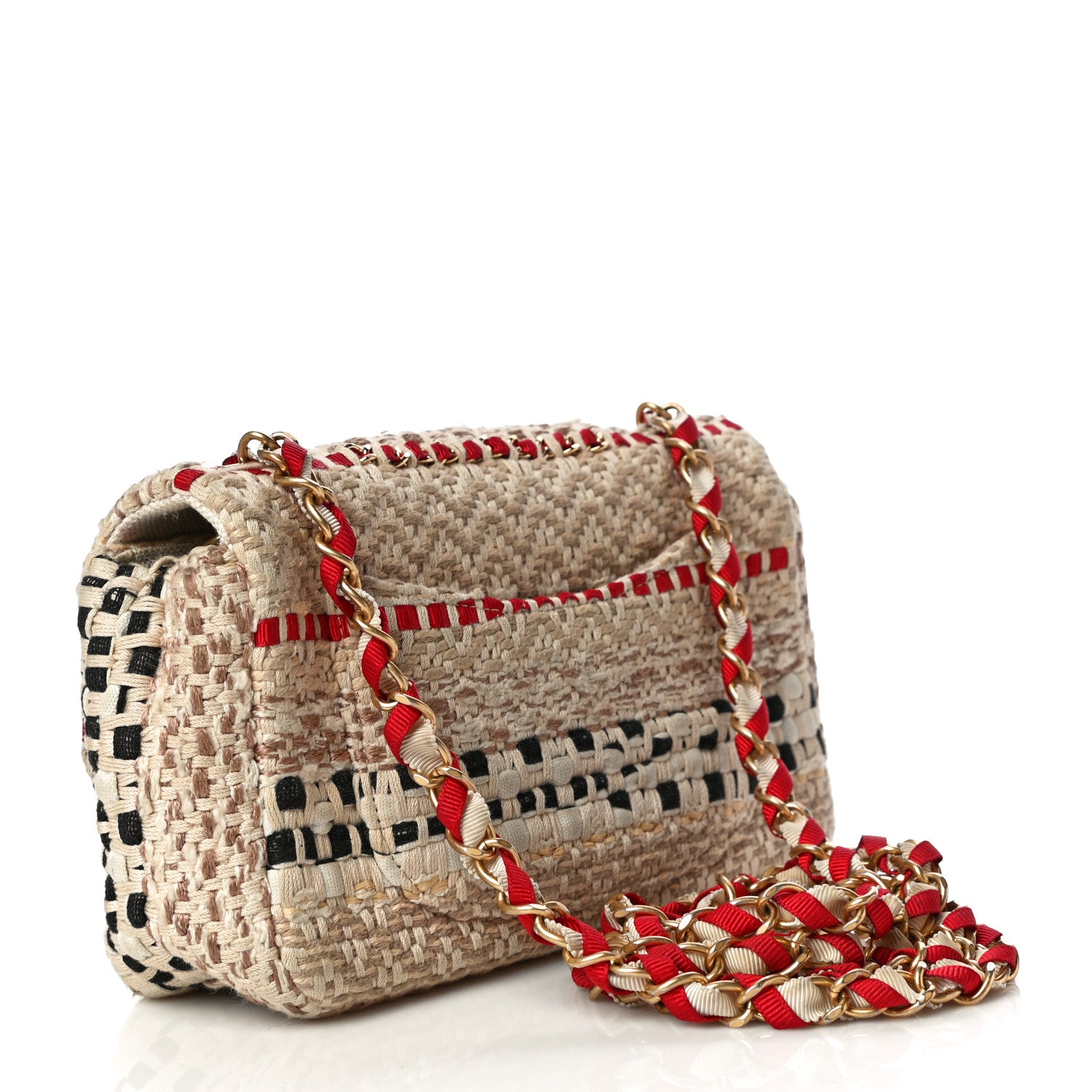 Chanel Cotton Raffia Lambskin Woven Mini Rectangular Flap Beige Red Black 3 of 16