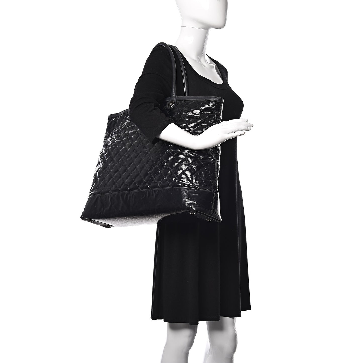 Calfskin Coated Canvas Quilted Tote Black