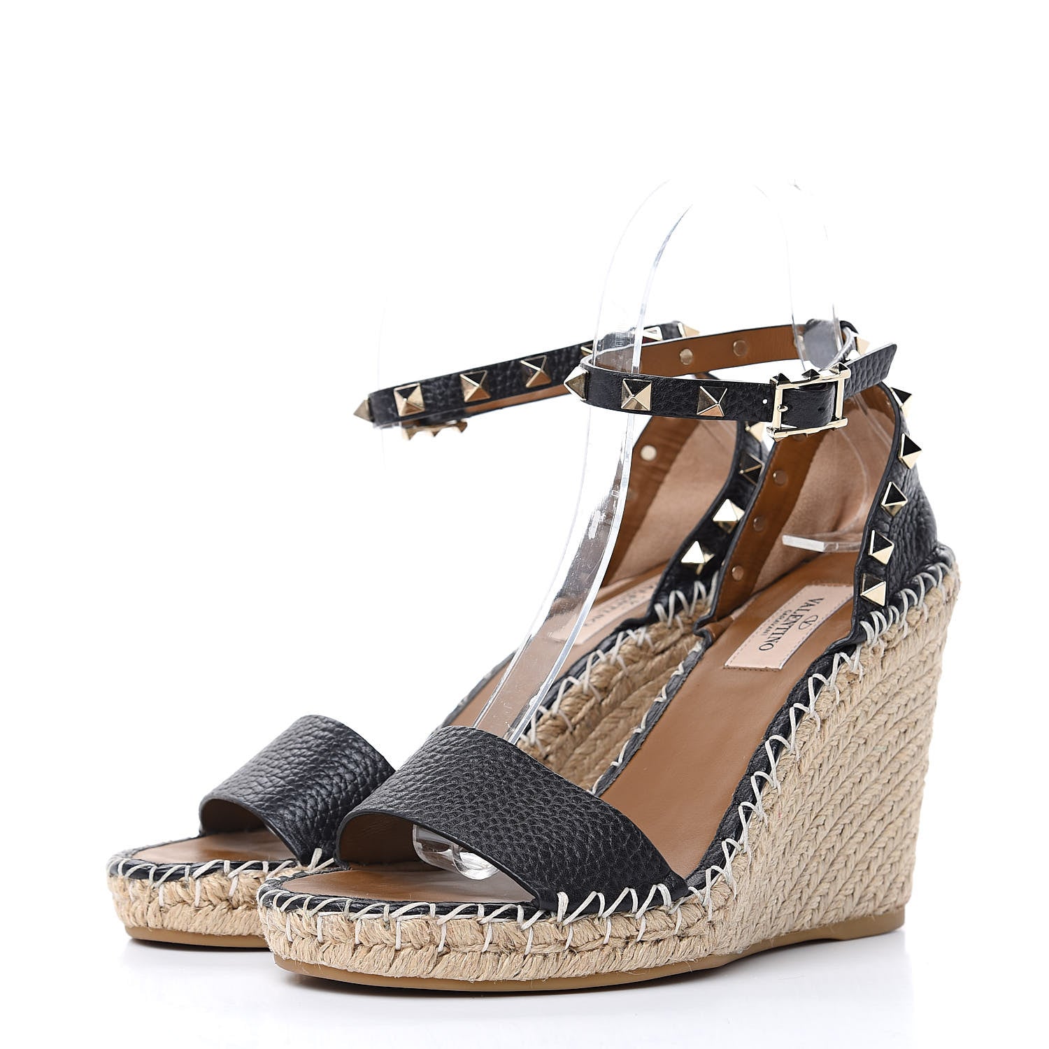 Valentino Garavani Grained Calfskin Rockstud Ankle Strap Espadrille 15/105mm Wedge Sandals 37 Black Light Cuir Natural 3 of 9