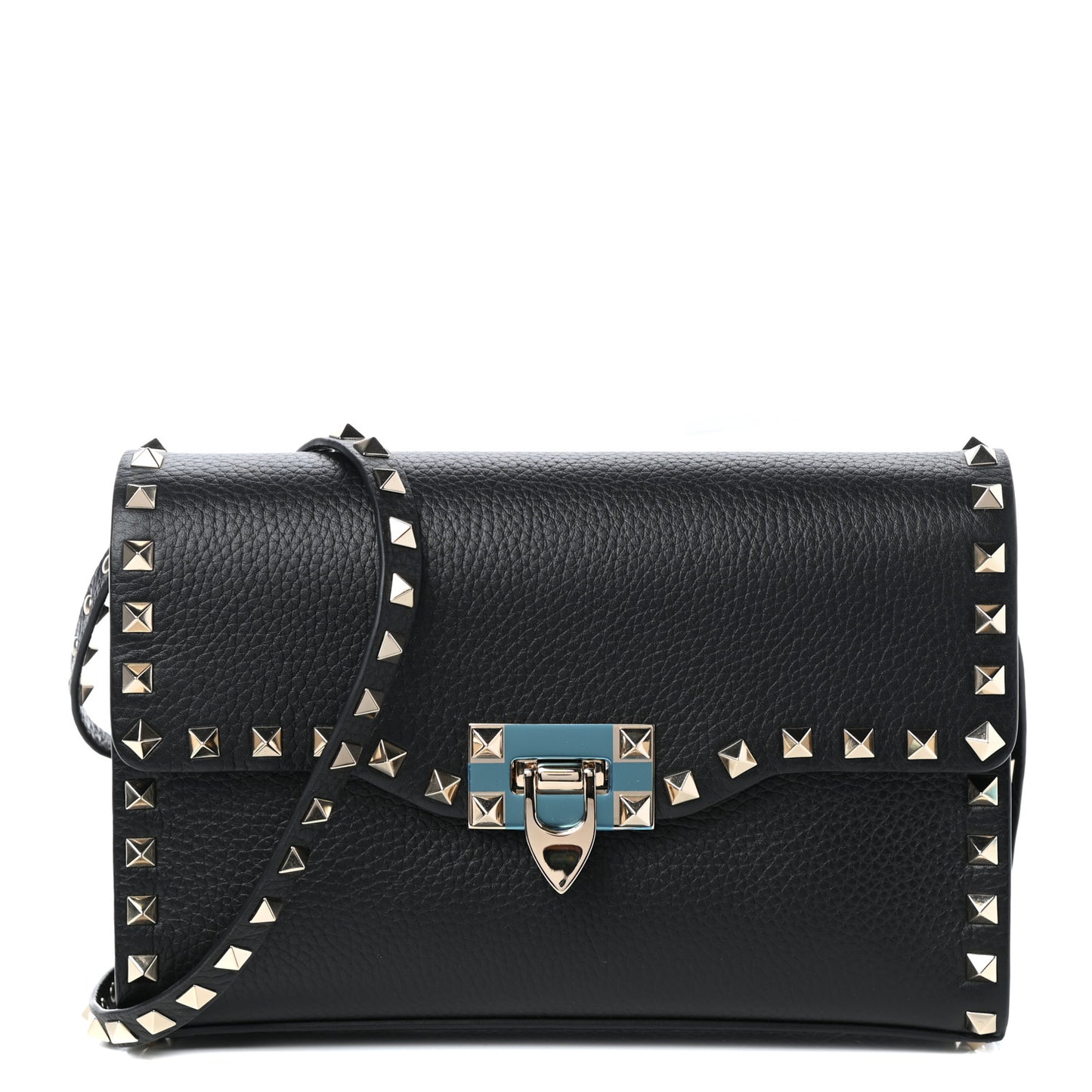 Pebbled Calfskin Medium Rockstud Flip Lock Crossbody Bag Black