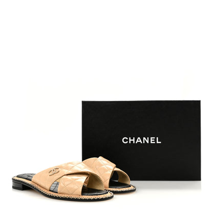 Chanel Shiny Lambskin Quilted Metal Chain CC Sandals 36.5 Beige 10 of 10