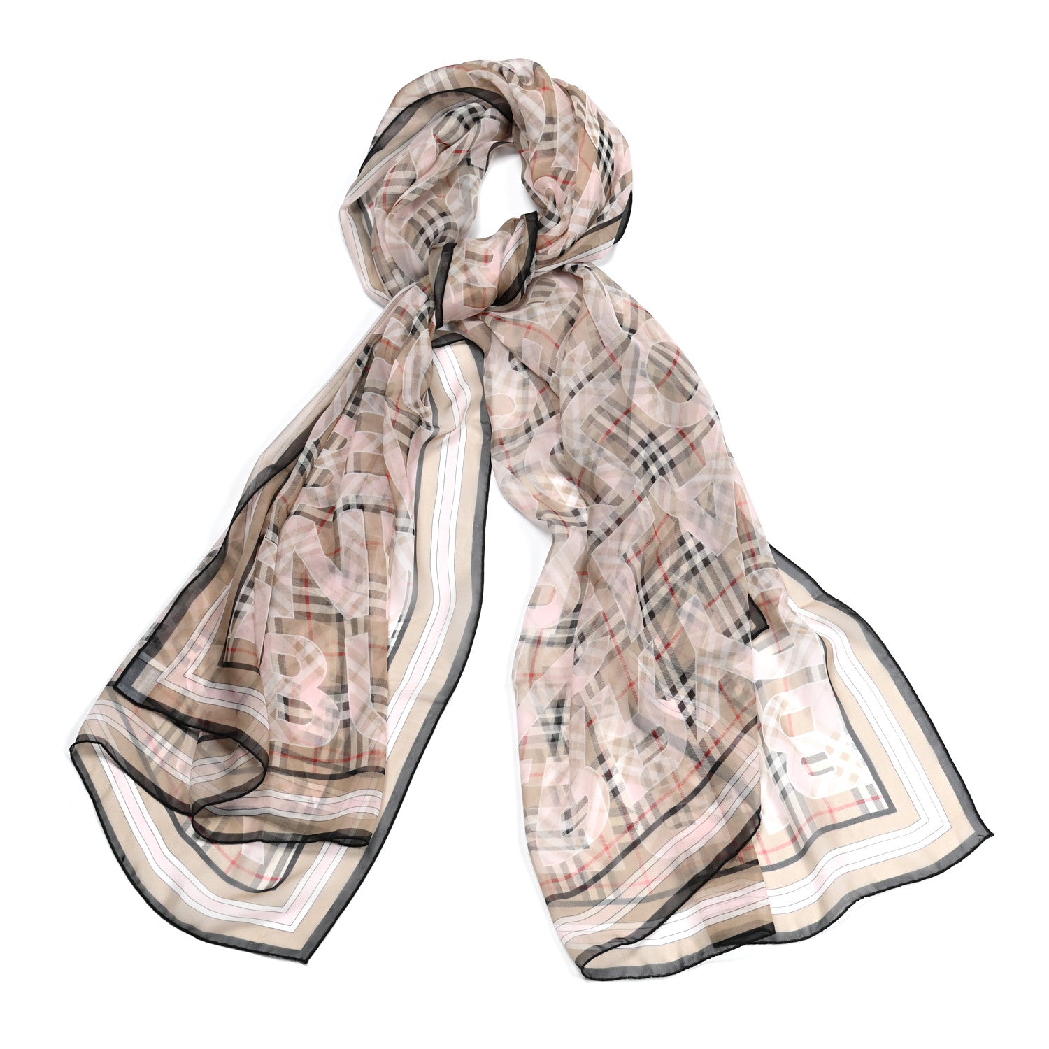 Burberry Silk Chiffon Logo Print Vintage Check Scarf Alabaster Pink 1 of 6