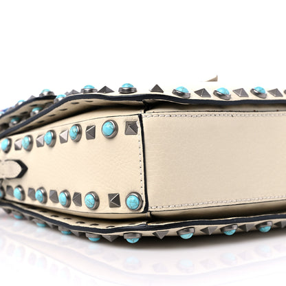 Valentino Garavani Pebbled Calfskin Turquoise Medium Guitar Strap Rockstud Rolling Flap Saddle Bag White 7 of 9