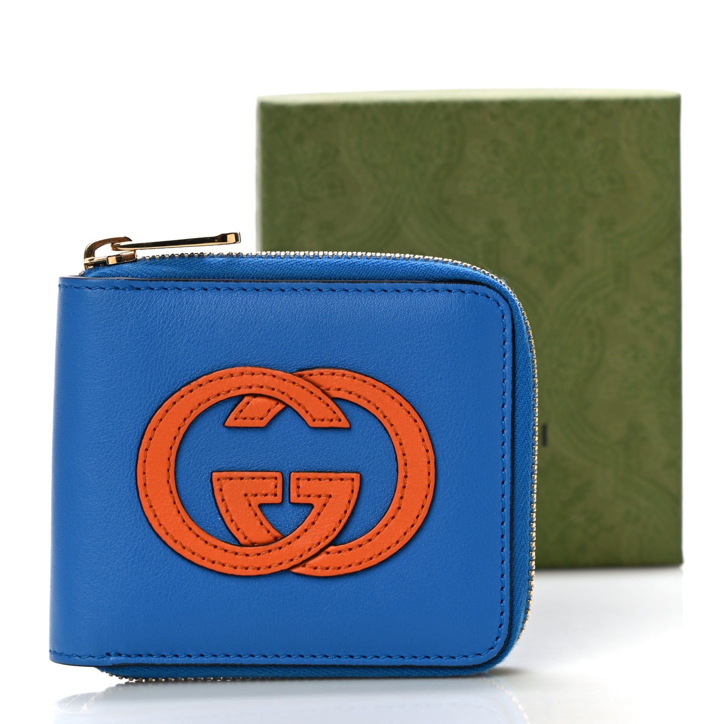Vitello Eclipse Interlocking G Zip Around Card Case Wallet Bright Splash Carrot Orange