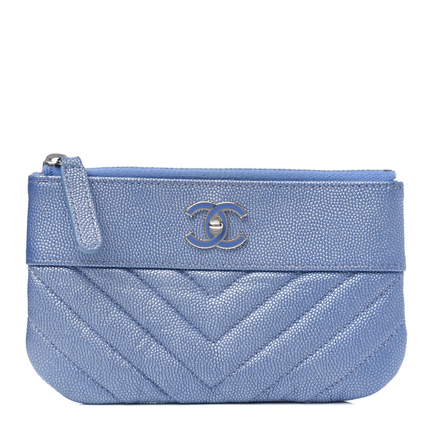 Metallic Caviar Chevron Quilted Small Vintage Mademoiselle Cosmetic Case Blue