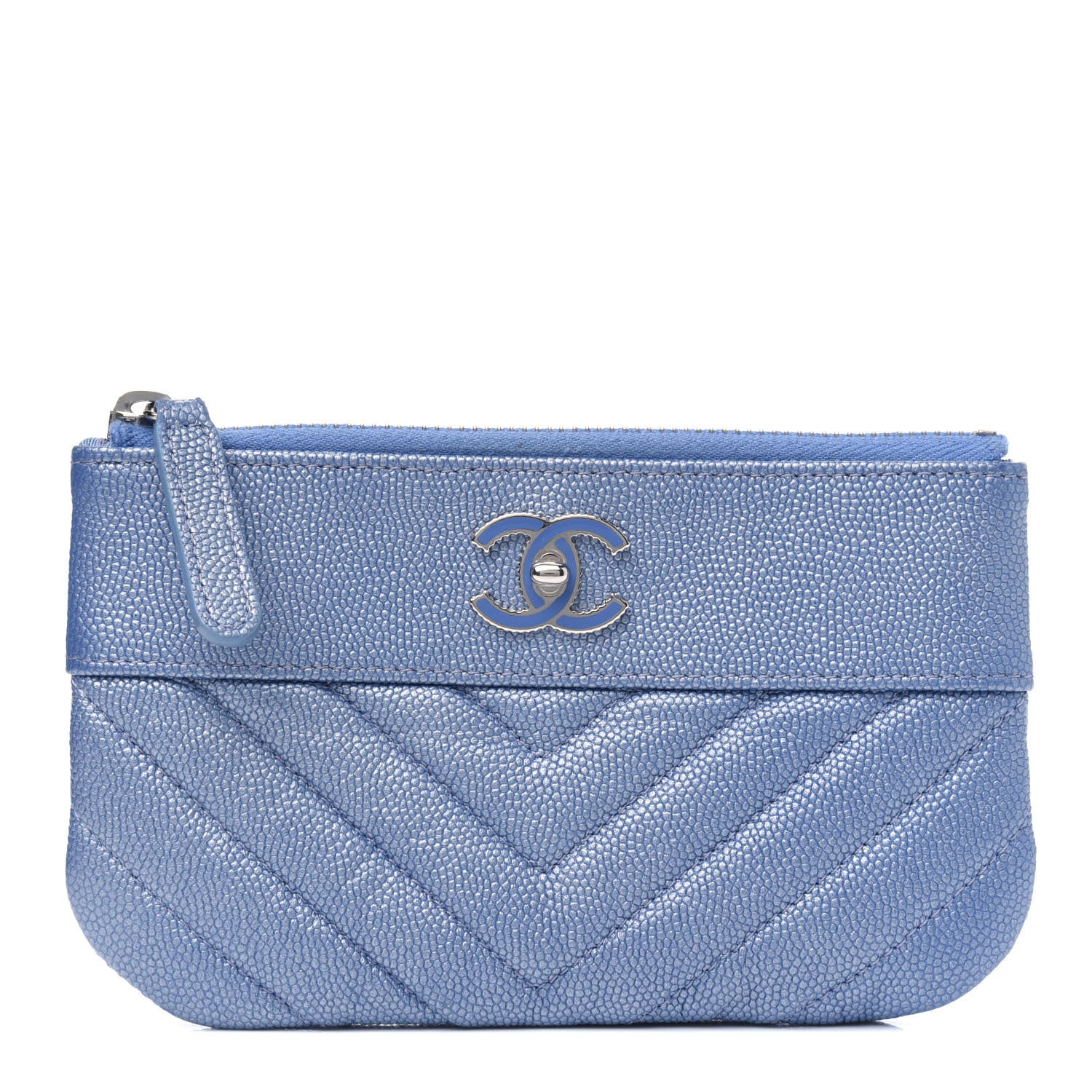 Chanel Metallic Caviar Chevron Quilted Small Vintage Mademoiselle Cosmetic Case Blue 1 of 4