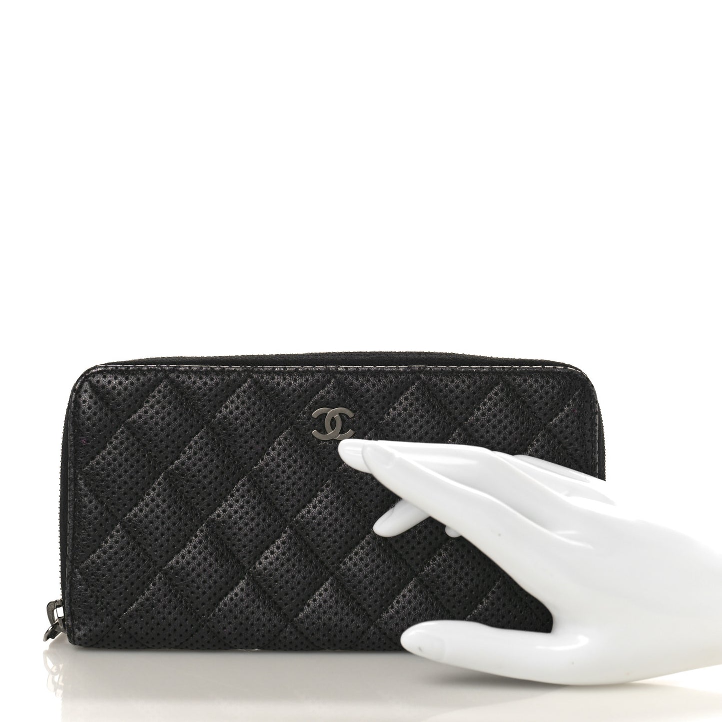 Perforated Lambskin Quilted Zip Around Wallet Black