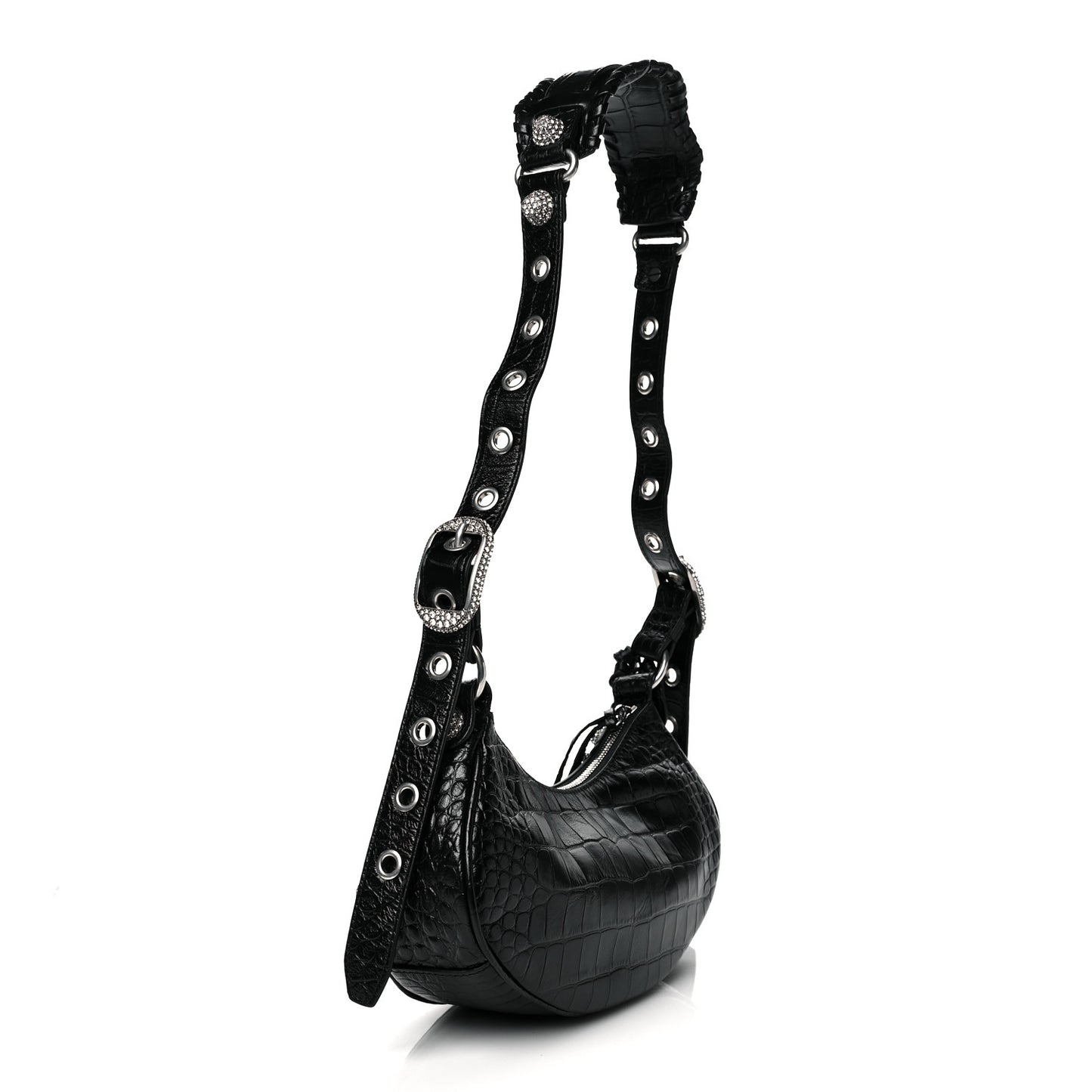 Extra Supple Calfskin Crystal Crocodile Embossed Le Cagole Shoulder Bag XS Black