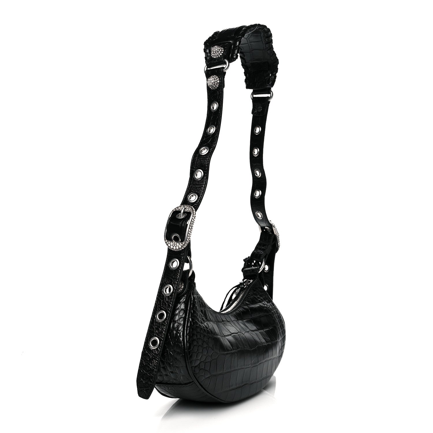 Balenciaga Extra Supple Calfskin Crystal Crocodile Embossed Le Cagole Shoulder Bag XS Black 3 of 10
