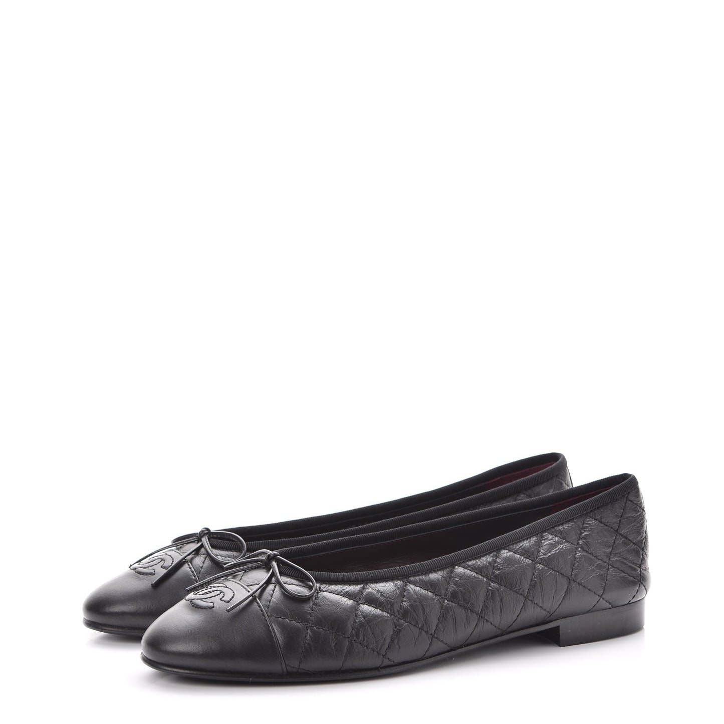 Aged Calfskin Quilted Cap Toe Ballerina Flats 40.5 Black