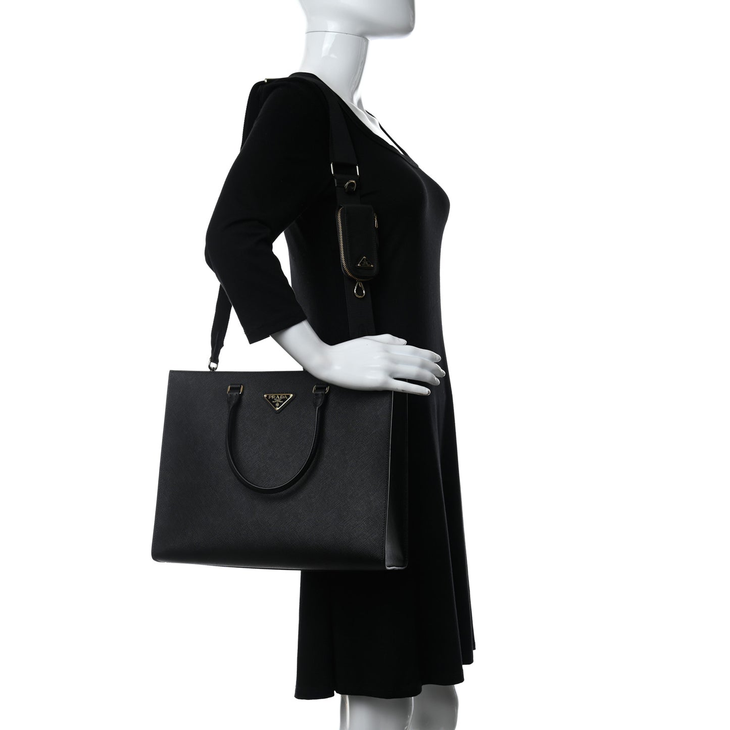 Saffiano Lux Metal Triangle Logo Large Shoulder Tote Handbag Black