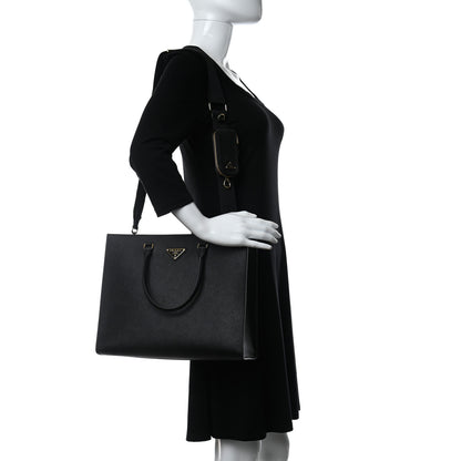 Prada Saffiano Lux Metal Triangle Logo Large Shoulder Tote Handbag Black 2 of 8