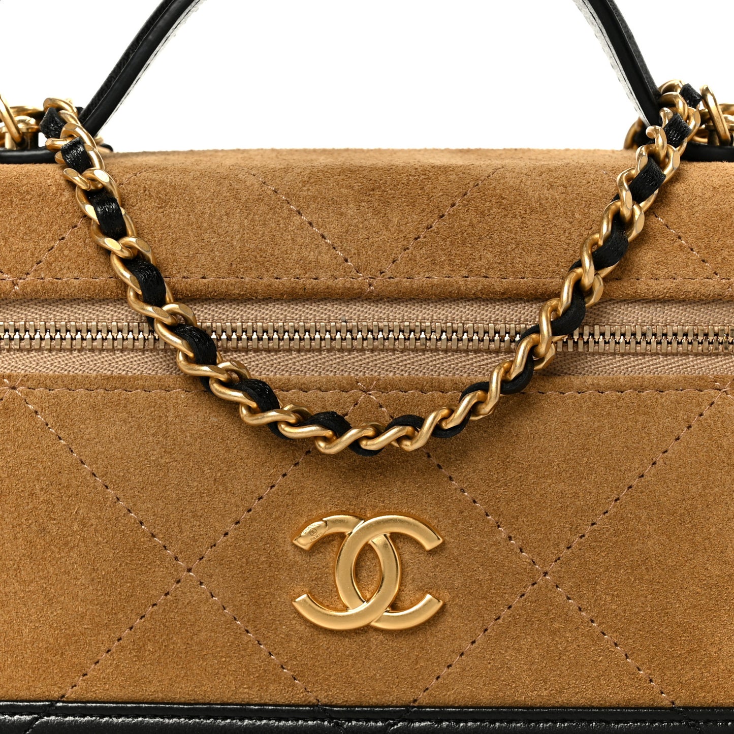 Suede Calfskin Shiny Lambskin Stitched Top Handle Slim Vanity Case With Chain Beige Black