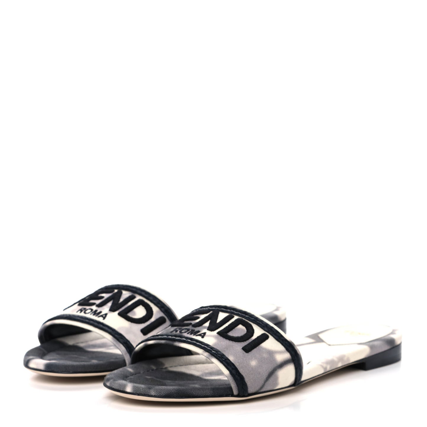 Canvas Floral Print Logo Flat Slide Sandals 41 White Black