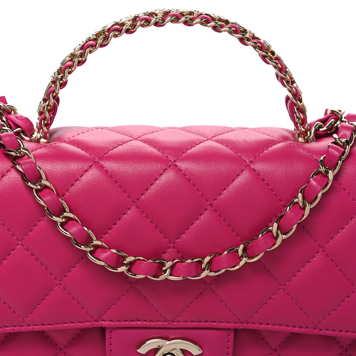 Lambskin Quilted Medium Crystal Top Handle Rectangular Flap Dark Pink
