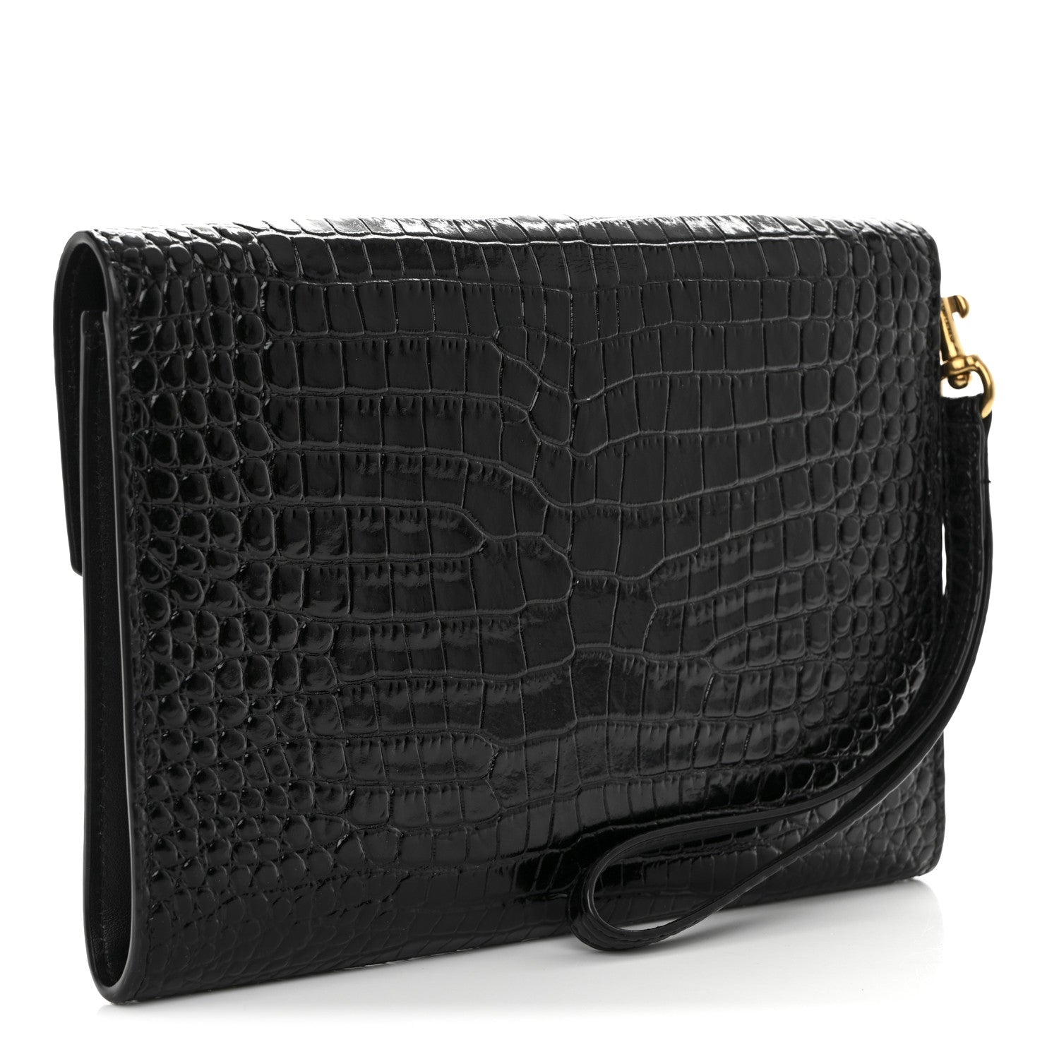 Saint Laurent Calfskin Crocodile Embossed Monogram Cassandre Flap Pouch Black 3 of 11