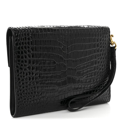 Saint Laurent Calfskin Crocodile Embossed Monogram Cassandre Flap Pouch Black 3 of 11