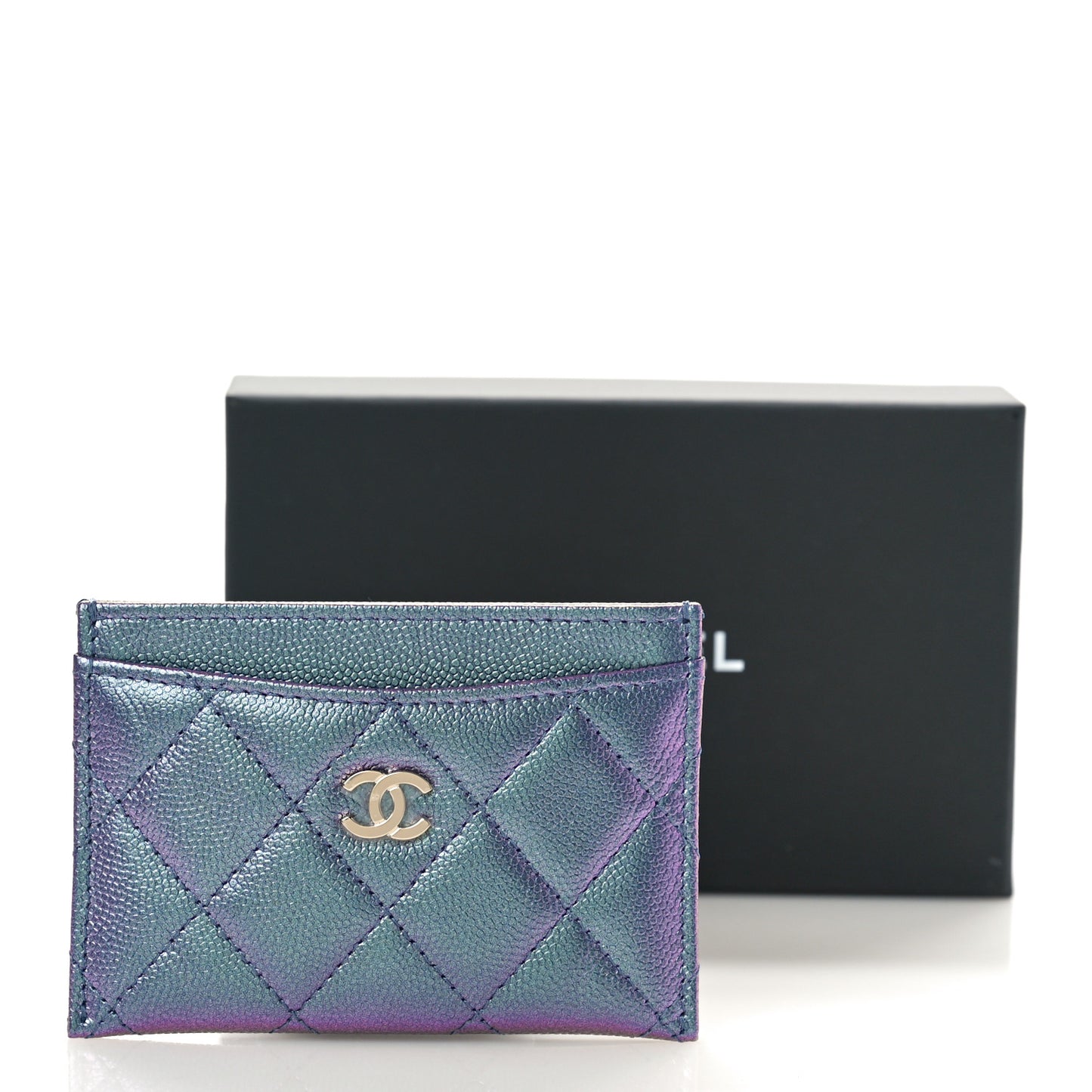 Iridescent Caviar Quilted Card Holder Dark Blue