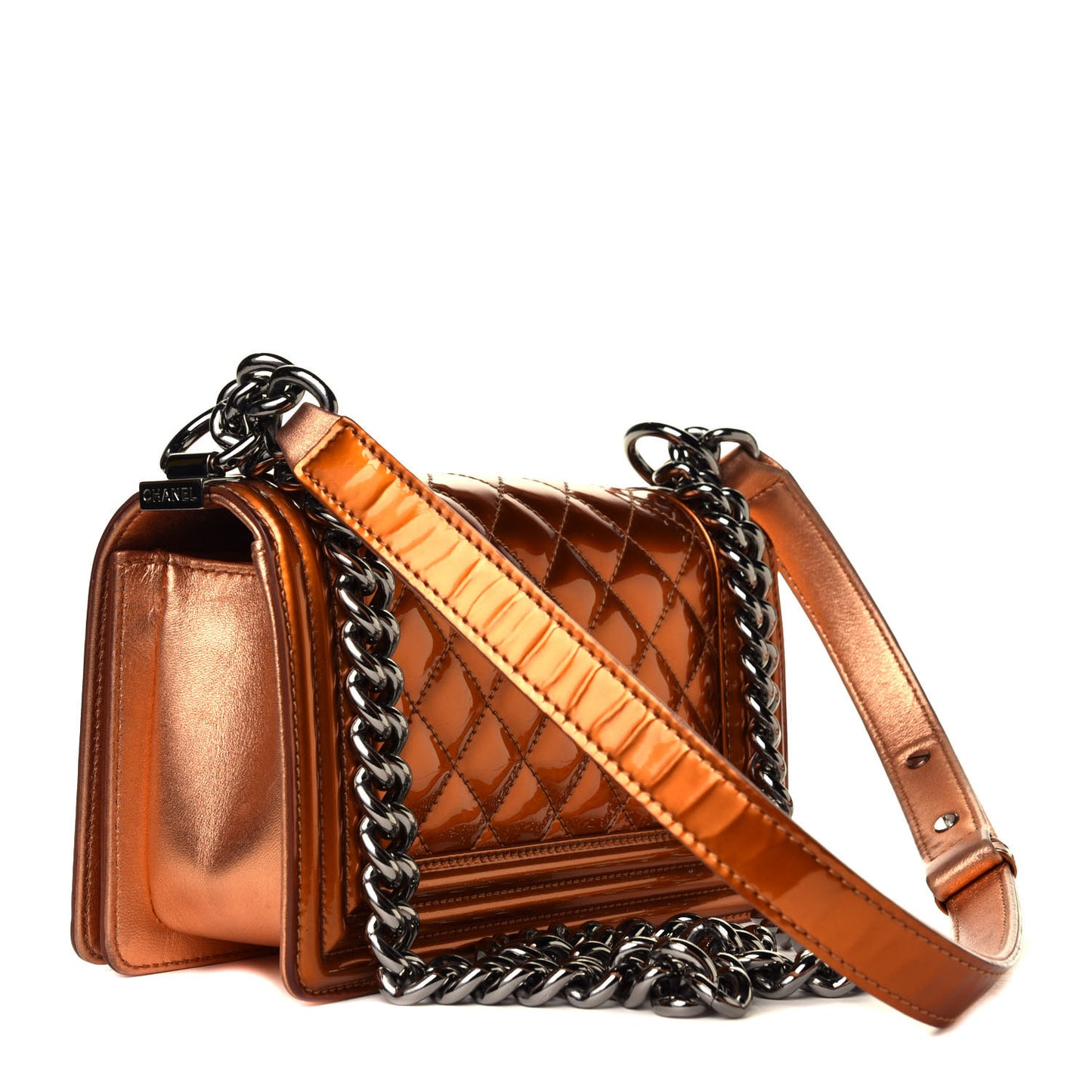 Metallic Patent Calfskin Quilted Small Boy Flap Orange